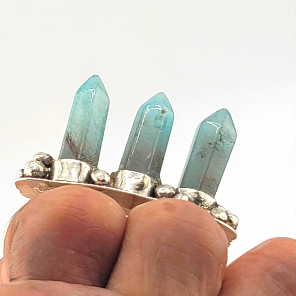 3 SPIKES AQUAMARINE DOUBLE RING BAND HANDMADE IN STERLING SILVER METAL 8.5 & 7.5 - Picture 6 of 11